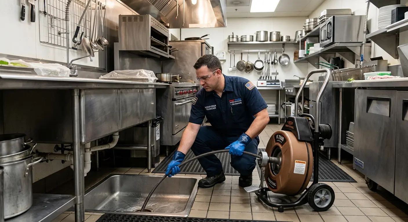 Commercial drain cleaning service in a restaurant kitchen in Alamo Heights