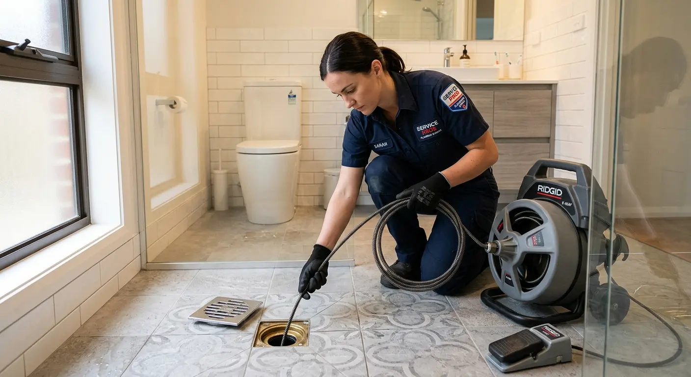 Technician clearing a bathroom floor drain for Drain Cleaning in Alamo Heights